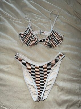 Striped Two-Piece Bikini Set in White, Black & Brown